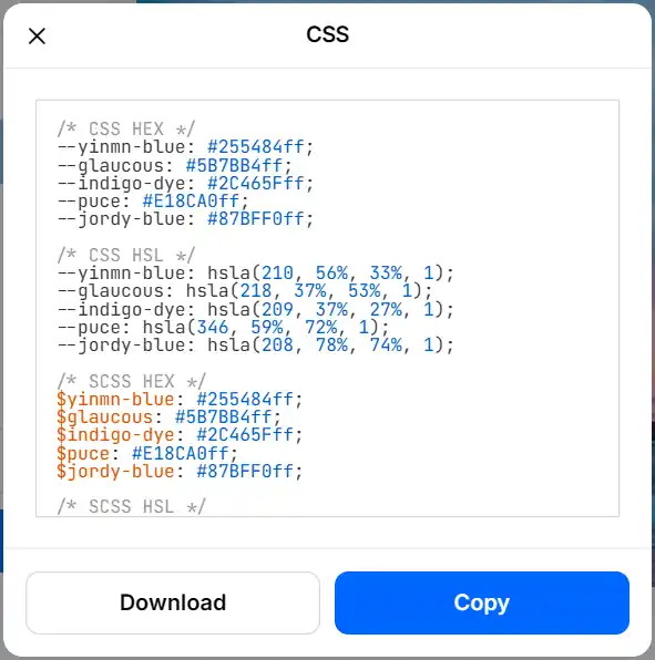 Screenshot of Coolors.co’s Export Palette as CSS example