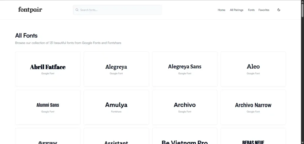 Screenshot of Fontpair's Fonts List