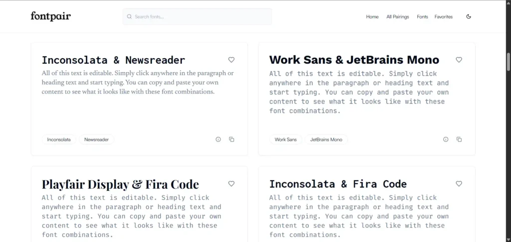 Screenshot of Fontpair's Font Pairs