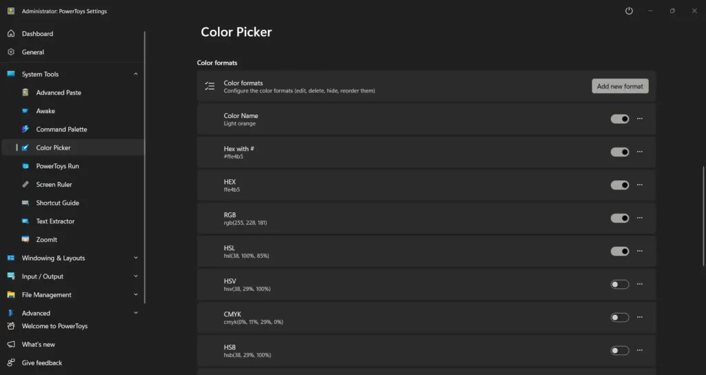 Screenshot of Microsoft Powertoys’ Color Picker
