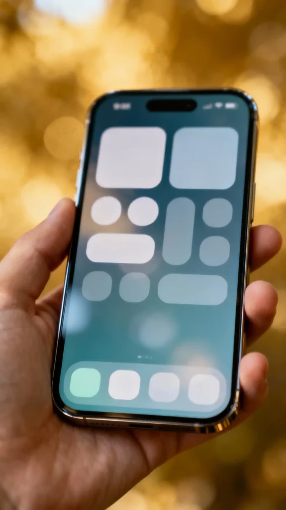Photorealistic mobile mockup showing a clean minimal UI with rounded buttons and generous spacing