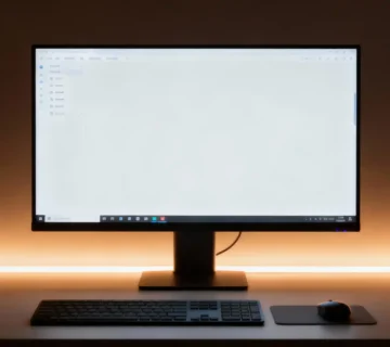 Cinematic workspace scene with a clean simple UI displayed on a monitor