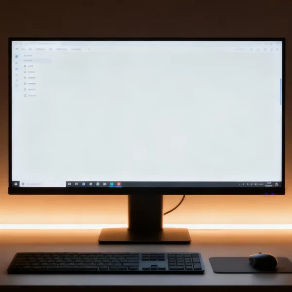 Cinematic workspace scene with a clean simple UI displayed on a monitor