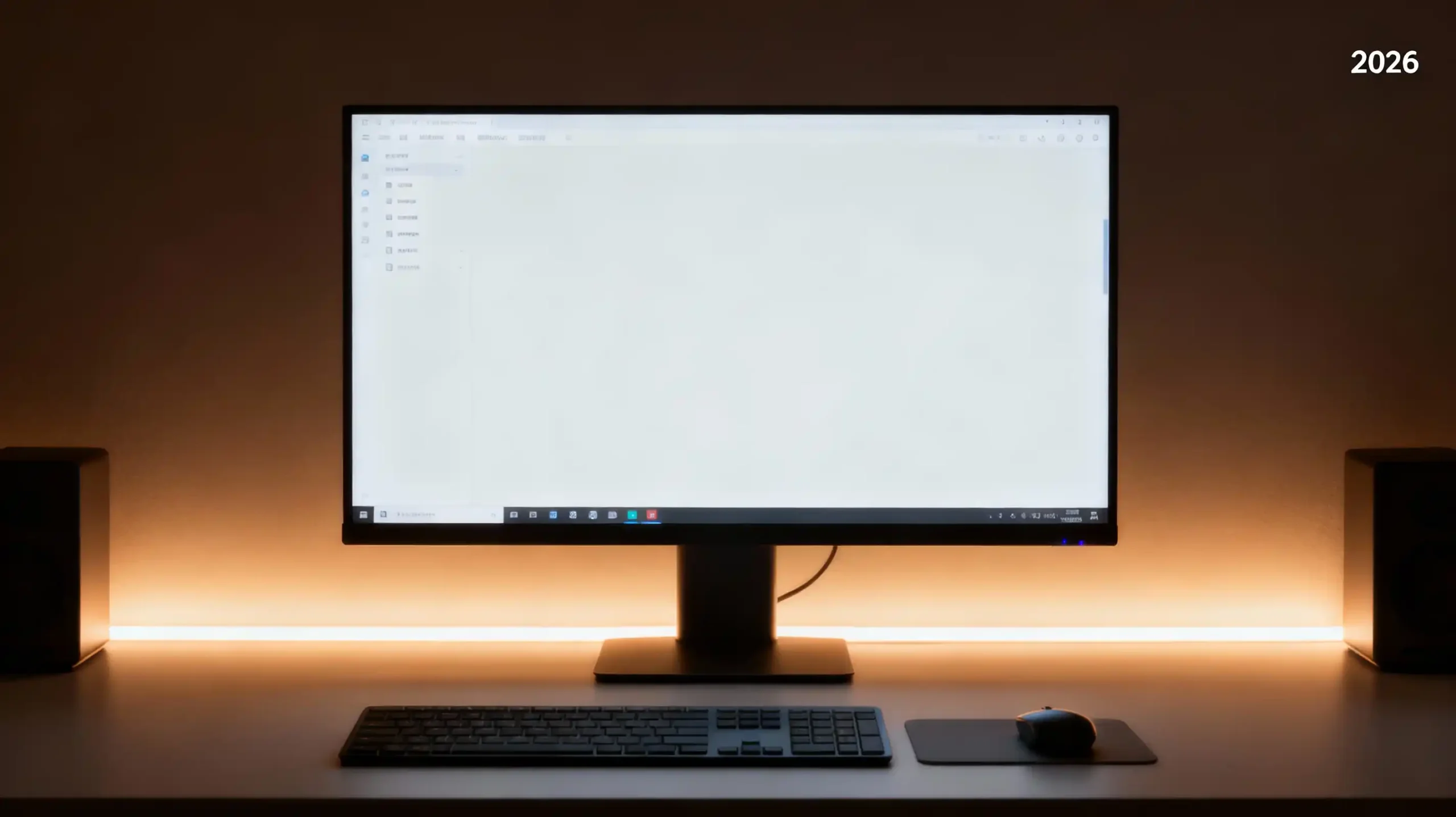 Cinematic workspace scene with a clean simple UI displayed on a monitor