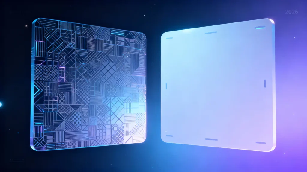 Abstract cinematic concept showing a busy interface panel contrasted with a clean simple UI panel